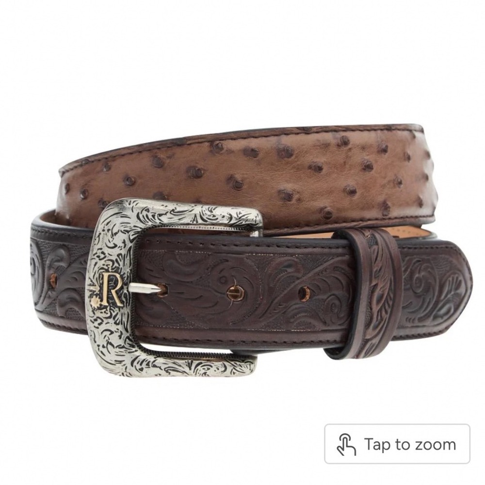 R Watson Belt Mens 40 Brown Kango Tobac Full‎ Quill Ostrich Tooled RWB2312